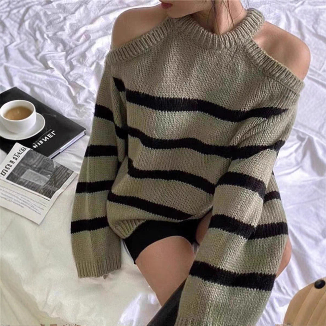 Damen Off-Shoulder Strickpullover mit Streifenmuster und lässigem Schnitt EB
