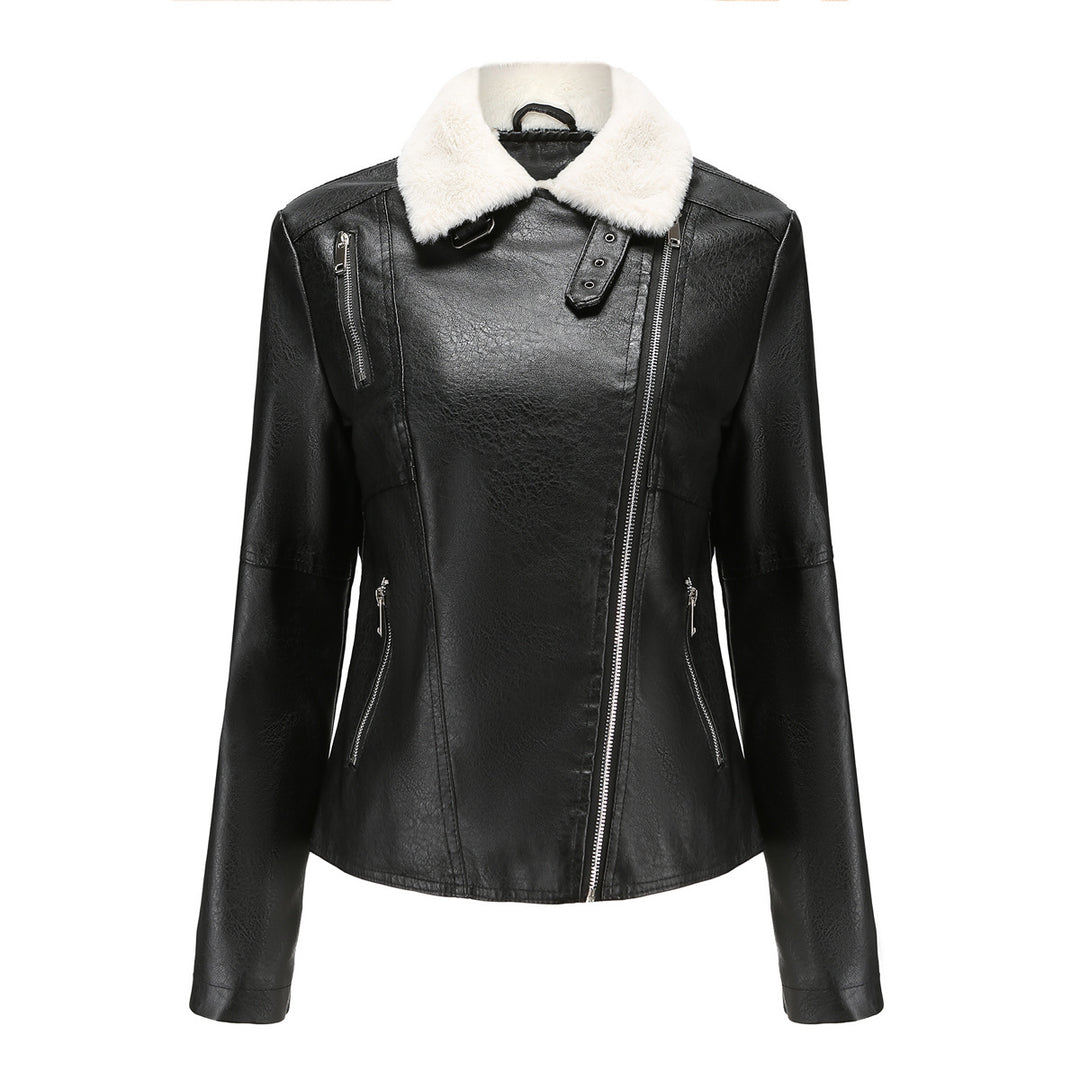 Damen nan taillierte Kunstleder-Bikerjacke mit abnehmbarem Kunstfellkragen und schrägem Reißverschluss EB