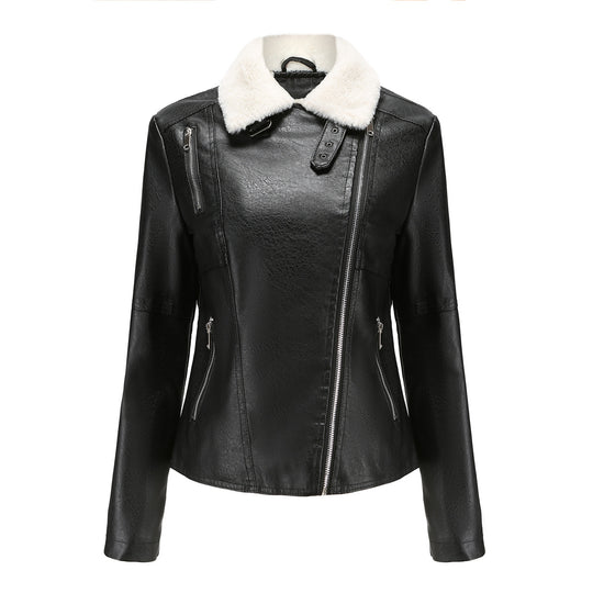 Damen nan taillierte Kunstleder-Bikerjacke mit abnehmbarem Kunstfellkragen und schrägem Reißverschluss EB