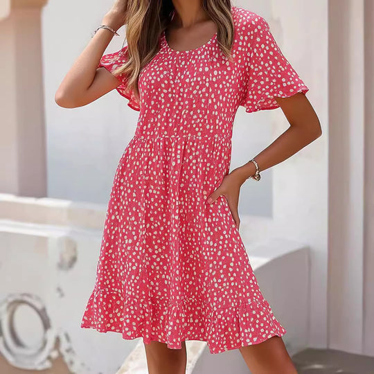 Damen lässiges Freizeitkleid mit fließendem Schnitt und Rüschensaum EB