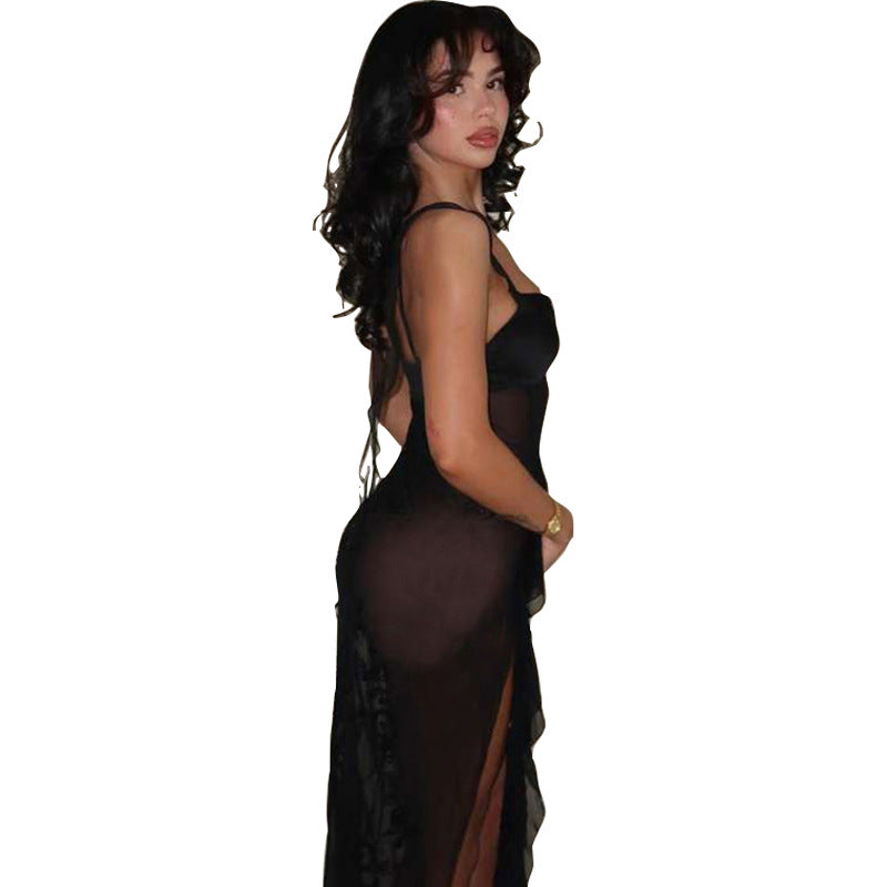 Damen transparenter Maxi-Strandanzug mit asymmetrischem Schnitt und Rüschen EB