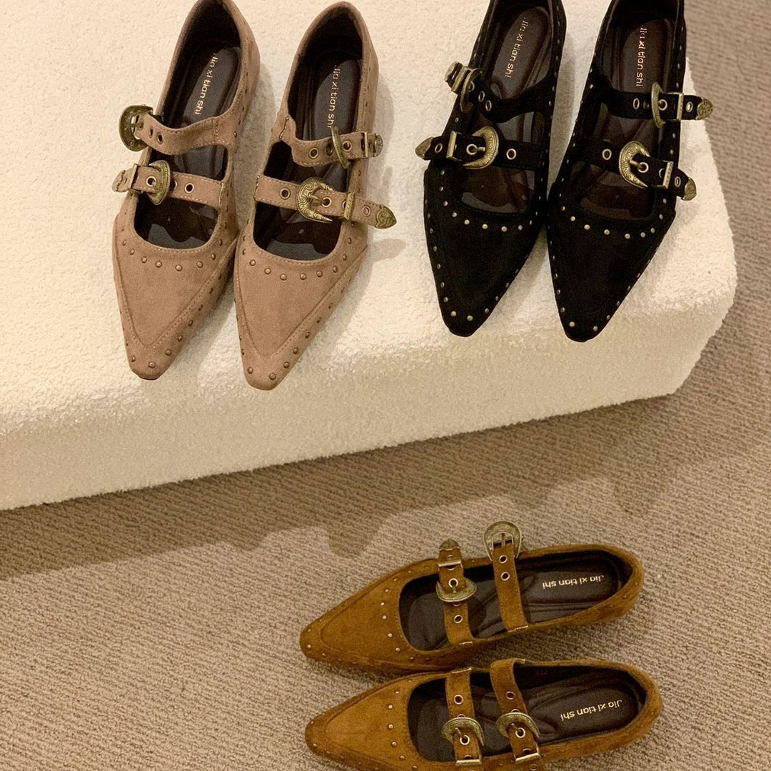 Damen Elegante und stilvolle Ballerinas mit modischen Schnallen und Nieten EB