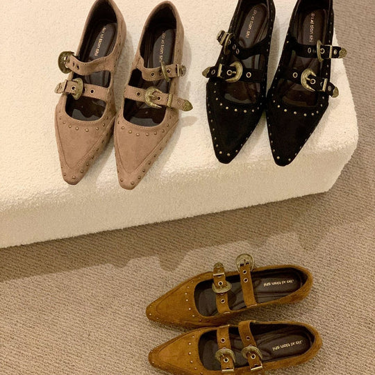 Damen Elegante und stilvolle Ballerinas mit modischen Schnallen und Nieten EB