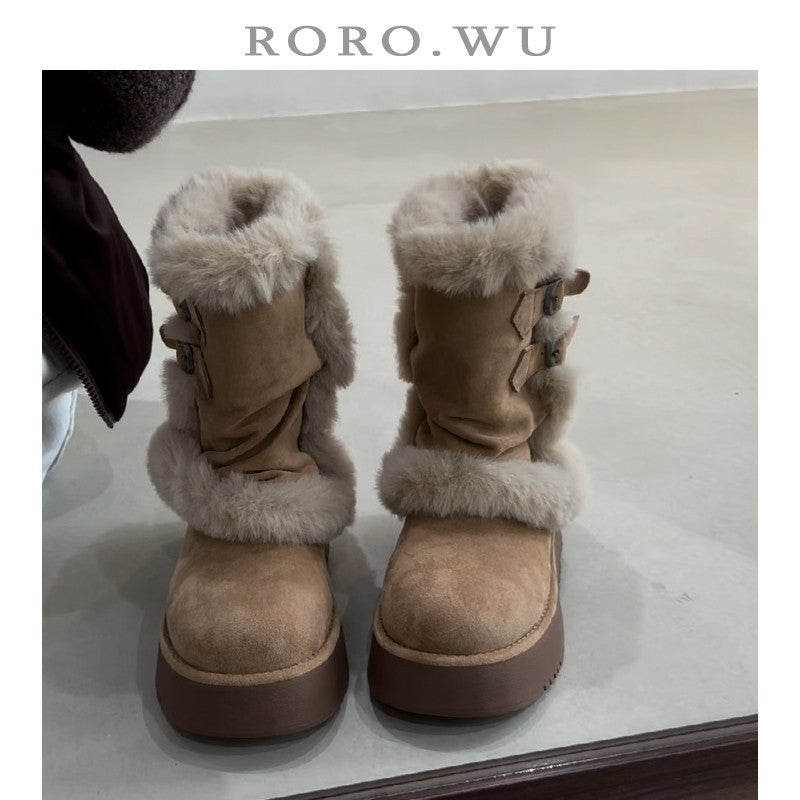 Damen modische Winterstiefel mit kuscheligem Kunstfell und praktischem Doppelriemen EB