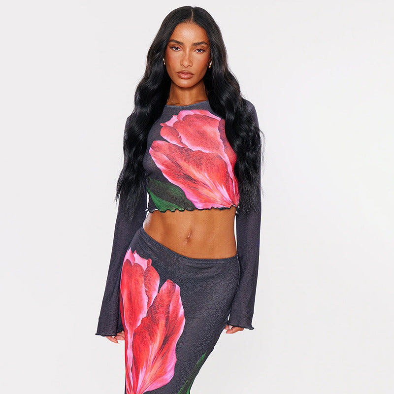 Damen Crop-Top und Rock-Set mit floralem Design EB