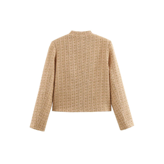 Damen elegante Bouclejacke mit goldenen Knöpfen und aufgesetzten Taschen EB