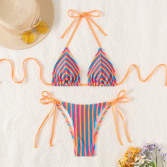 Damen Triangel-Bikini mit raffinierten Streifen und verspielten Schleifen EB