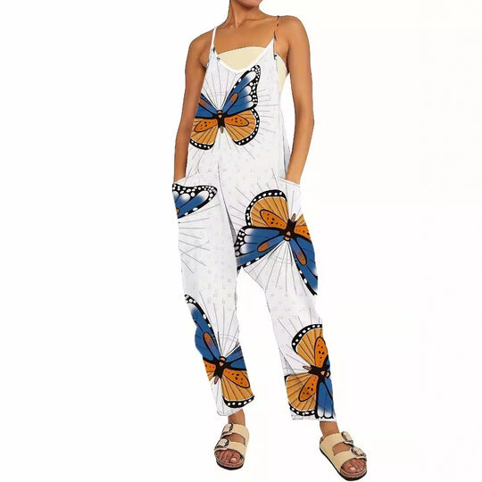 Damen Jumpsuit mit auffälligem Schmetterlingsdesign und praktischen Taschen EB
