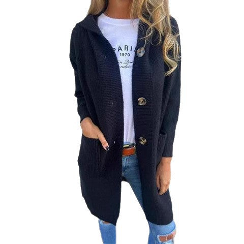 Damen Strickjacke mit Kapuze und dekorativen Knöpfen EB