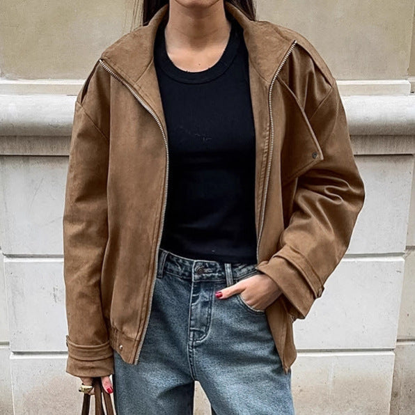 Damen Modische Suede-Bomberjacke mit praktischen Taschen und Reißverschluss EB