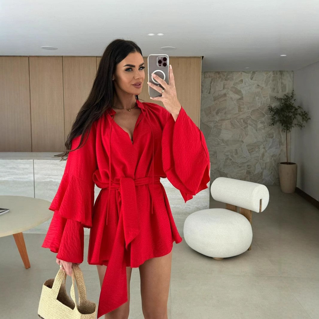 Damen lässiger Kimono mit eleganten Rüschendetails und Taillengürtel EB