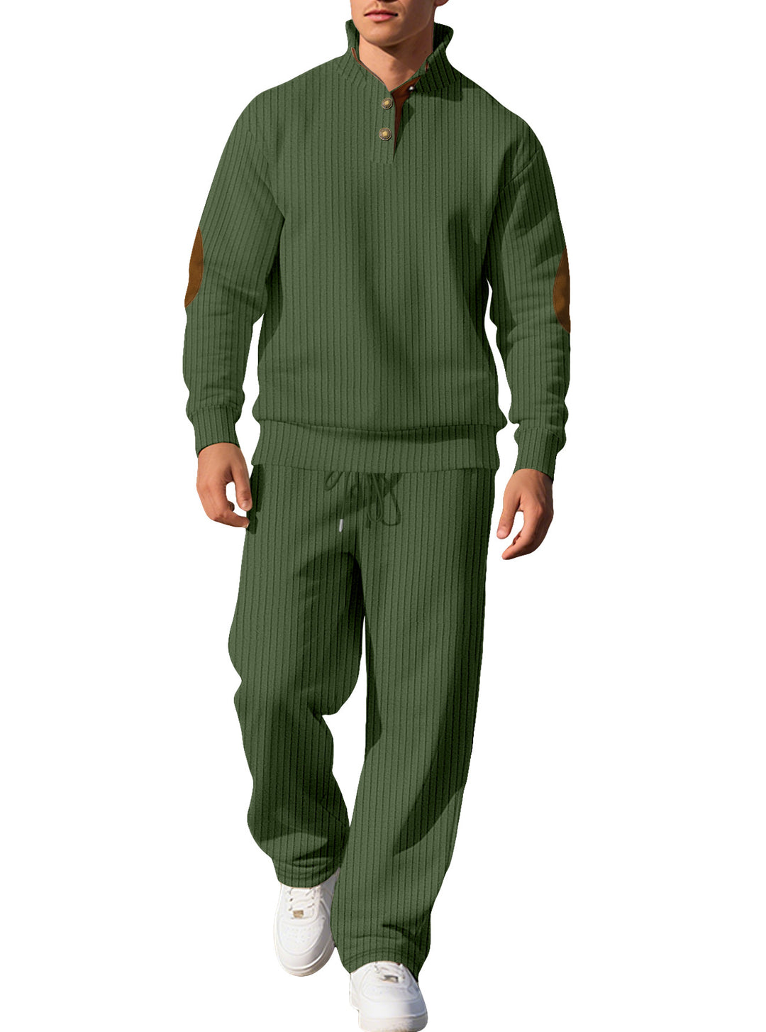 Herren nan feiner Rippstrickpullover mit halber Knopfleiste hohem Stehkragen und kontrastierendem Suedine-Ellbogenbesatz EB