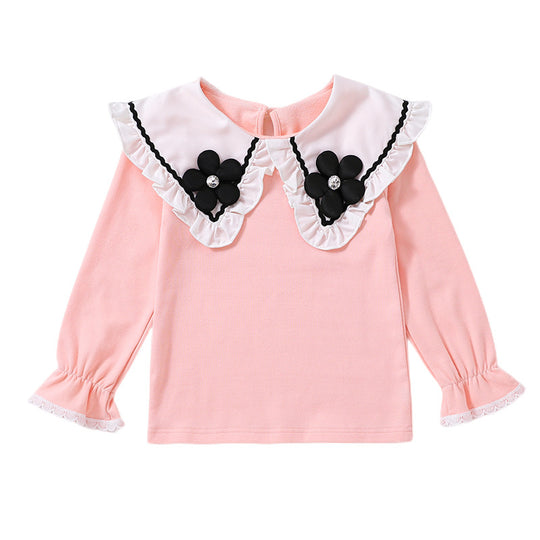 Damen Bluse mit großen Kragen und floralen Applikationen EB