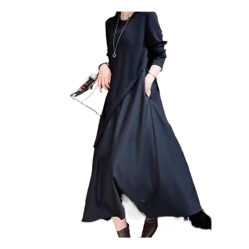 EB | Lässiges Einfarbiges Lockeres Kleid mit Rundhalsausschnitt und Tasche