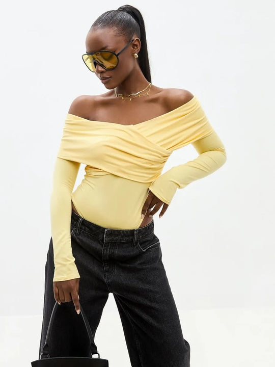 Damen Body mit schulterfreiem Design und drapierten Ärmeln EB