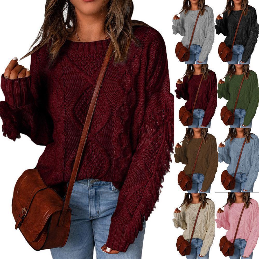 Damen Grobstrickpullover mit modischen Fransen und strukturiertem Design EB