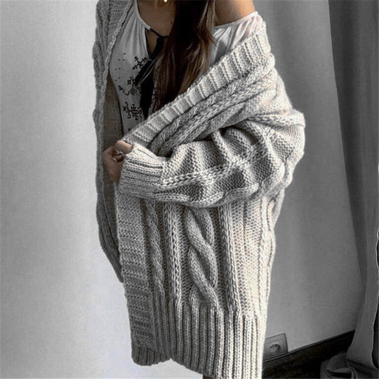 Damen Grobstrickpullover mit offener Schulter und strukturiertem Zopfdesign EB