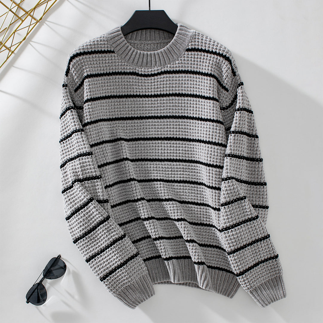 Damen lässiger Strickpullover mit breitem Streifenmuster EB