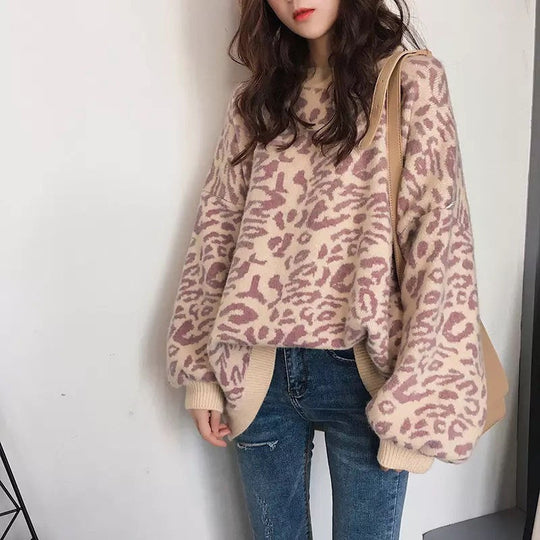 Damen Oversized Strickpullover mit Leopardenmuster und weichem Material EB
