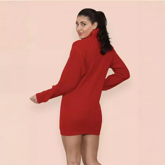Damen Strickkleid mit hohem Kragen und strukturiertem Material EB
