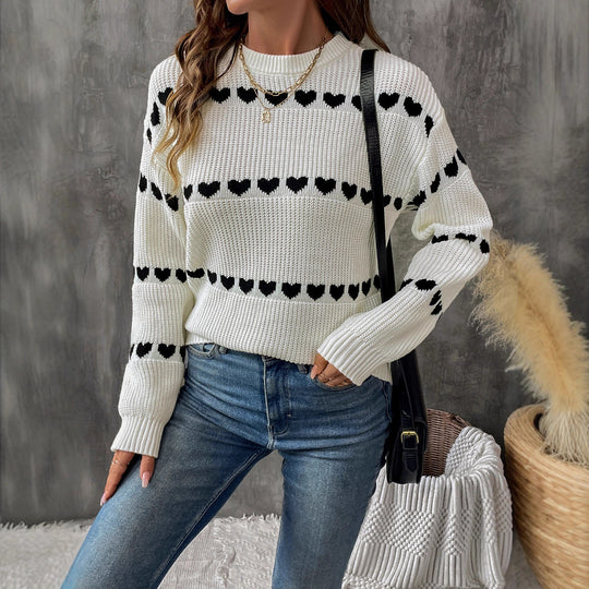 Damen lässiger Strickpullover mit Herzenmuster und lockerem Schnitt EB