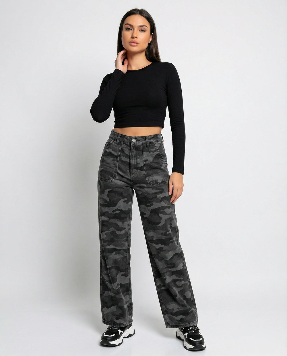 Damen extraweite Camouflage-Palazzohose mit hohem Bund, tiefem Schritt und aufgesetzten Gesäßtaschen EB