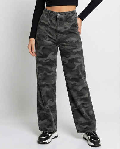 Damen extraweite Camouflage-Palazzohose mit hohem Bund, tiefem Schritt und aufgesetzten Gesäßtaschen EB
