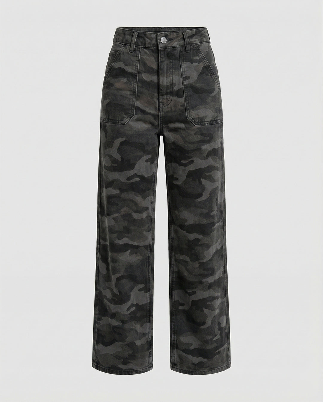 Damen extraweite Camouflage-Palazzohose mit hohem Bund, tiefem Schritt und aufgesetzten Gesäßtaschen EB