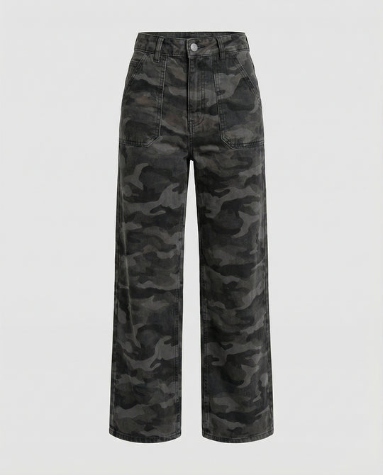 Damen extraweite Camouflage-Palazzohose mit hohem Bund, tiefem Schritt und aufgesetzten Gesäßtaschen EB