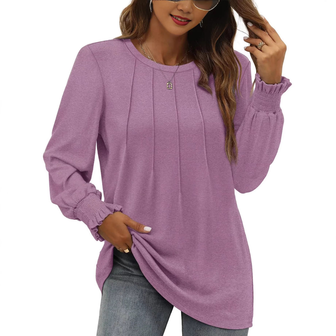 Damen Longsleeve-Tunika mit senkrechten Biesen und gerafften Rüschbündchen EB
