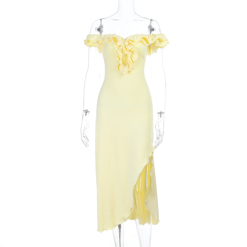 Damen Off-Shoulder Maxikleid mit raffinierten Rüschendetails EB