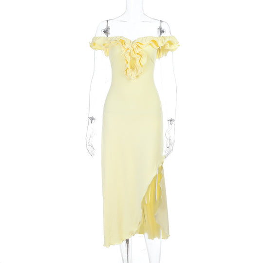 Damen Off-Shoulder Maxikleid mit raffinierten Rüschendetails EB
