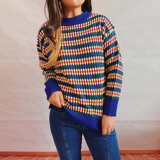 Damen lässiger Strickpullover mit buntem Rautenmuster und Rundhalsausschnitt EB