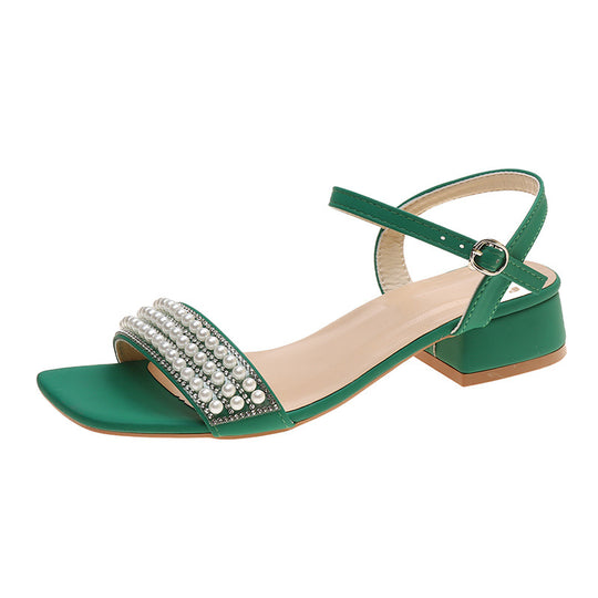 Damen elegante Sandalen mit Perlenverzierung und niedrigem Blockabsatz EB