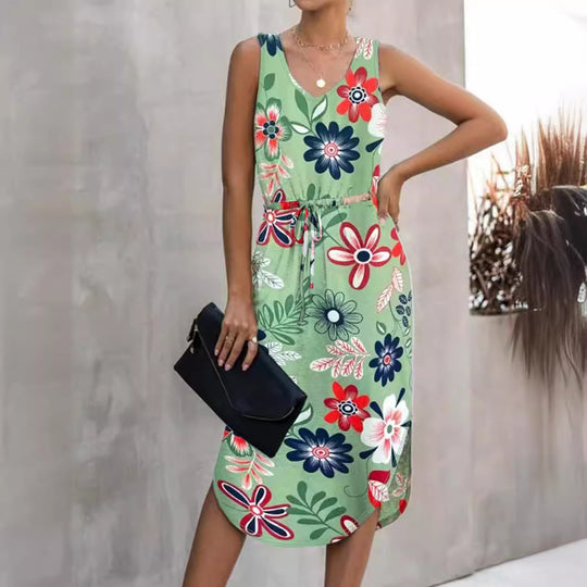 Damen Sommerliches Maxikleid mit floralem Muster und praktischen Taillenschnürung EB