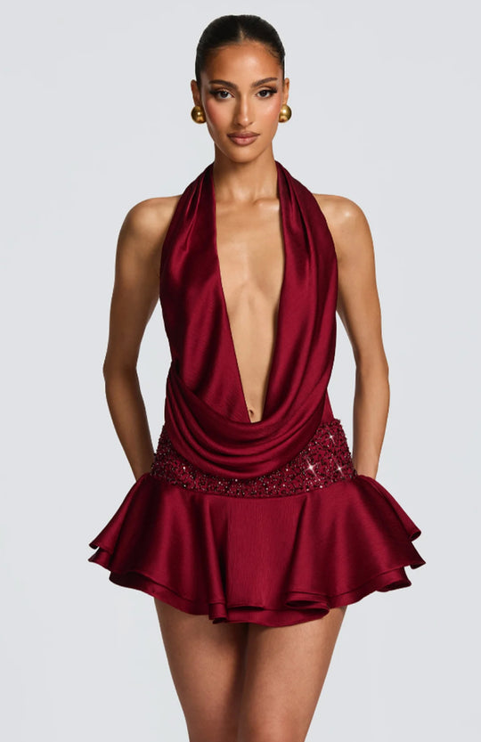 Damen elegantes Wickelkleid mit tiefem V-Ausschnitt und schwingendem Rock EB
