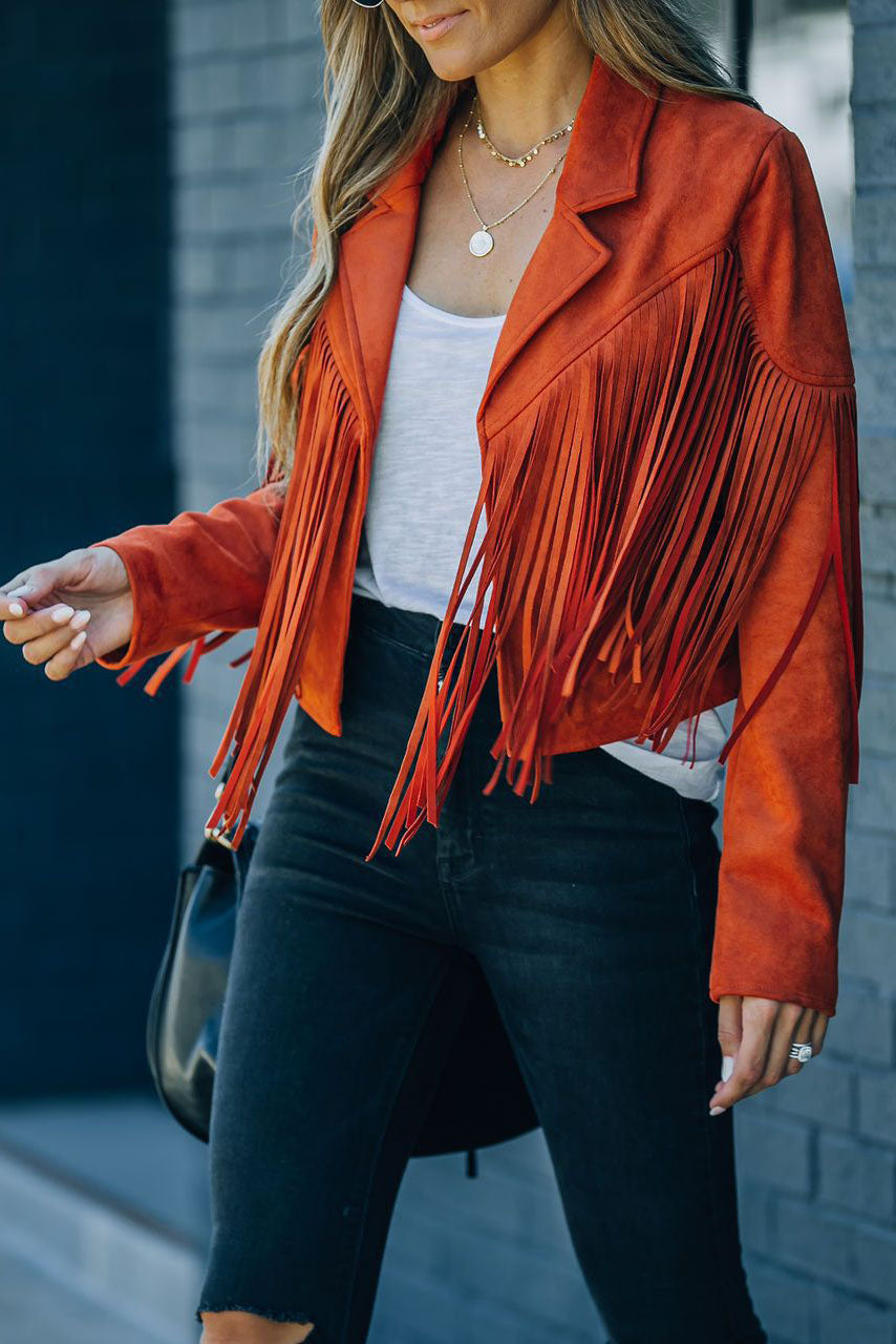 EB | Revers Langarm Fransen Crop Hippie Jacke