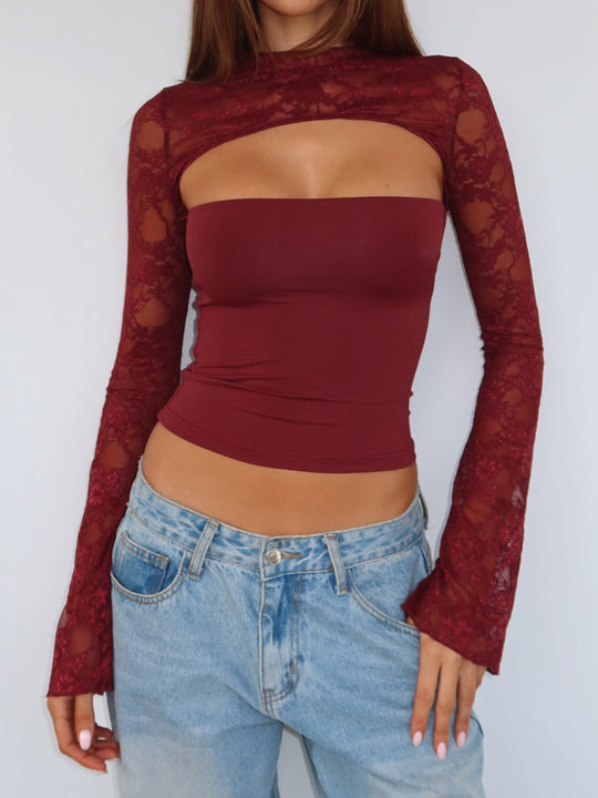 Damen Elegantes Oberteil mit transparenten Ärmeln und hochwertiger Spitze EB
