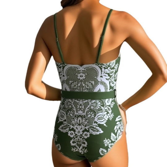 Damen modischer Einteiler Badeanzug mit elegantem Wickelrock und floralem Muster EB