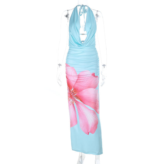 Damen Maxikleid mit tiefem V-Ausschnitt und floralem Design EB