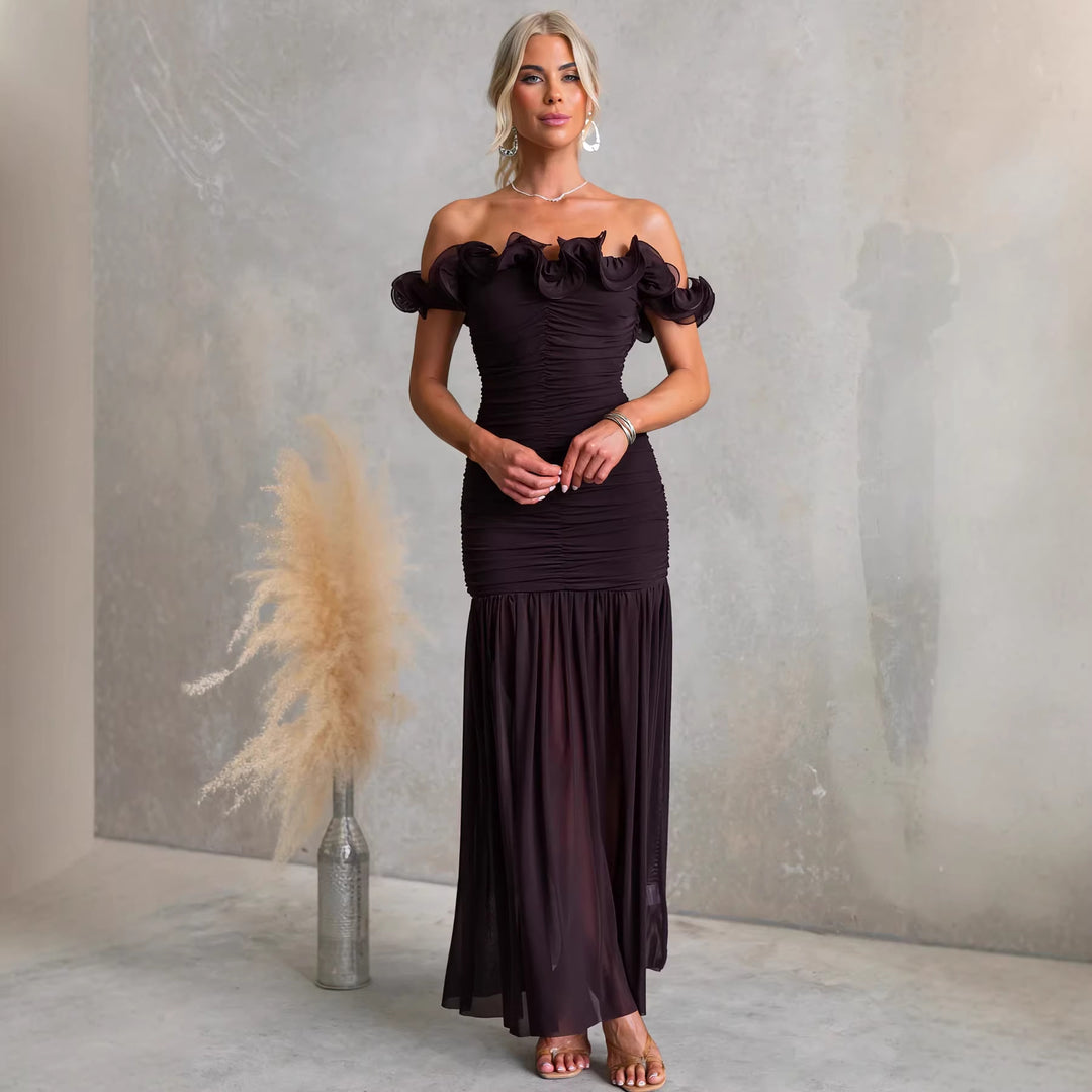Damen Off-Shoulder Maxikleid mit voluminösen Rüschendetails und elegantem Taillenschnitt EB