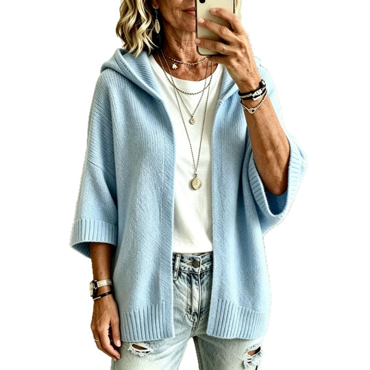 Damen Kapuzen-Longcardigan aus grobem Strick mit 3/4-Ärmeln und offener Front EB