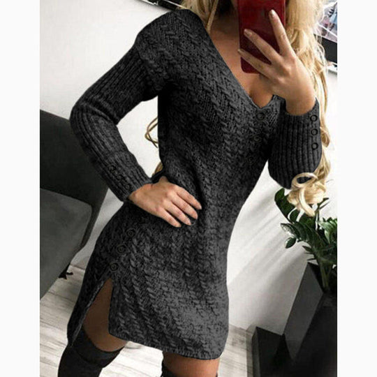 Damen Strickkleid mit V-Ausschnitt und Knopfdetails EB