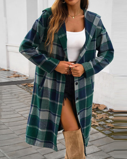 Damen Karomuster Longjacke mit Kapuze EB