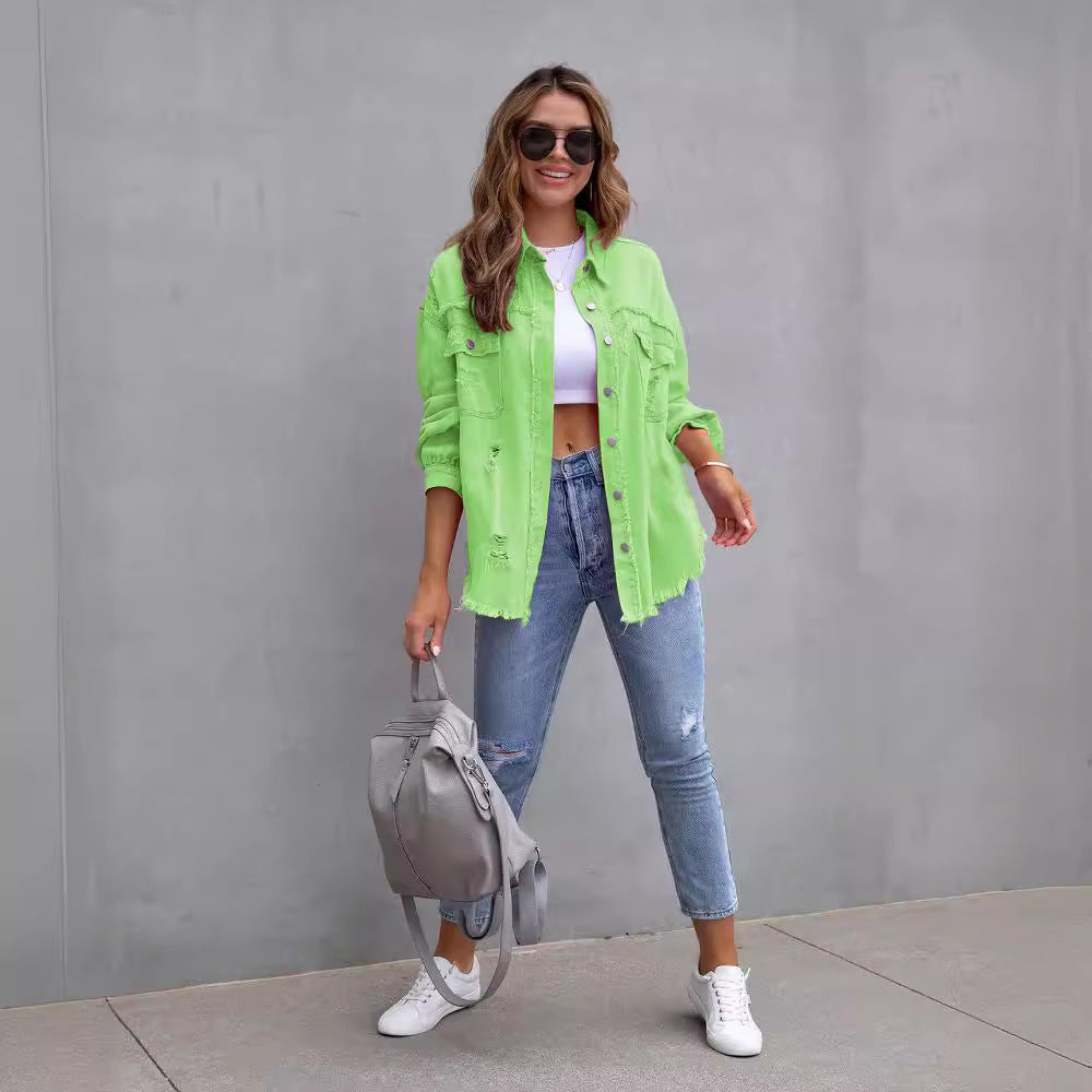 Damen nan oversized Jeanshemdjacke mit ausgefranstem Saum und distressed Details EB