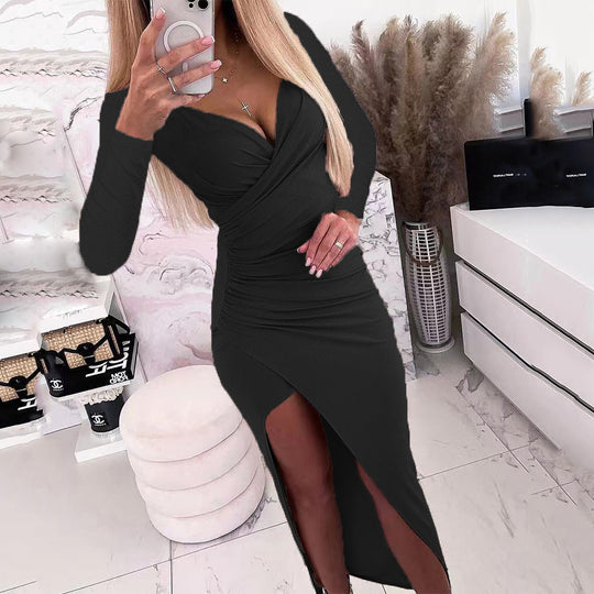 Damen elegantes Wickelkleid mit langen Ärmeln und Seitenschlitz EB