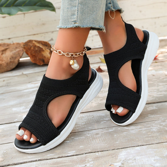 Damen sportliche Zehentrenner-Sandalen mit atmungsaktivem Strickdesign und elastischen Riemen EB