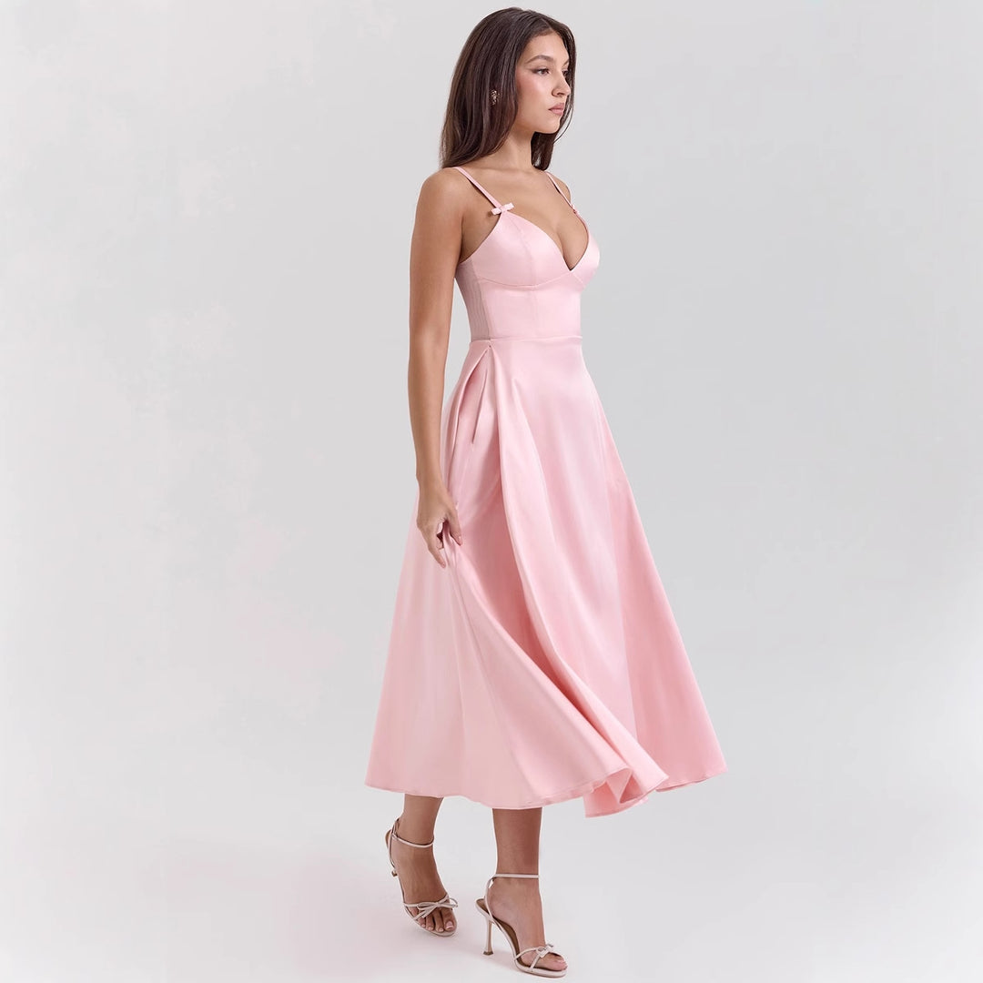 Damen Maxi-Kleid mit elegantem V-Ausschnitt und fließendem Rock EB