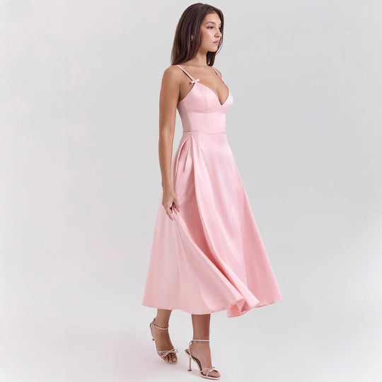 Damen Maxi-Kleid mit elegantem V-Ausschnitt und fließendem Rock EB