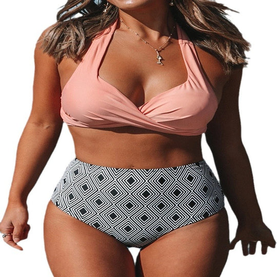 Damen High-Waist Bikini-Set mit elegantem Wickeldesign und modischem geometrischem Muster EB